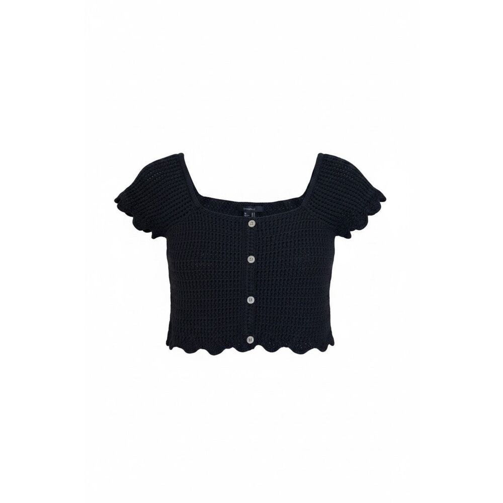 Forever 21 Crochet Button Front Short Sleeve Knit Crop Top Black Size Small‎